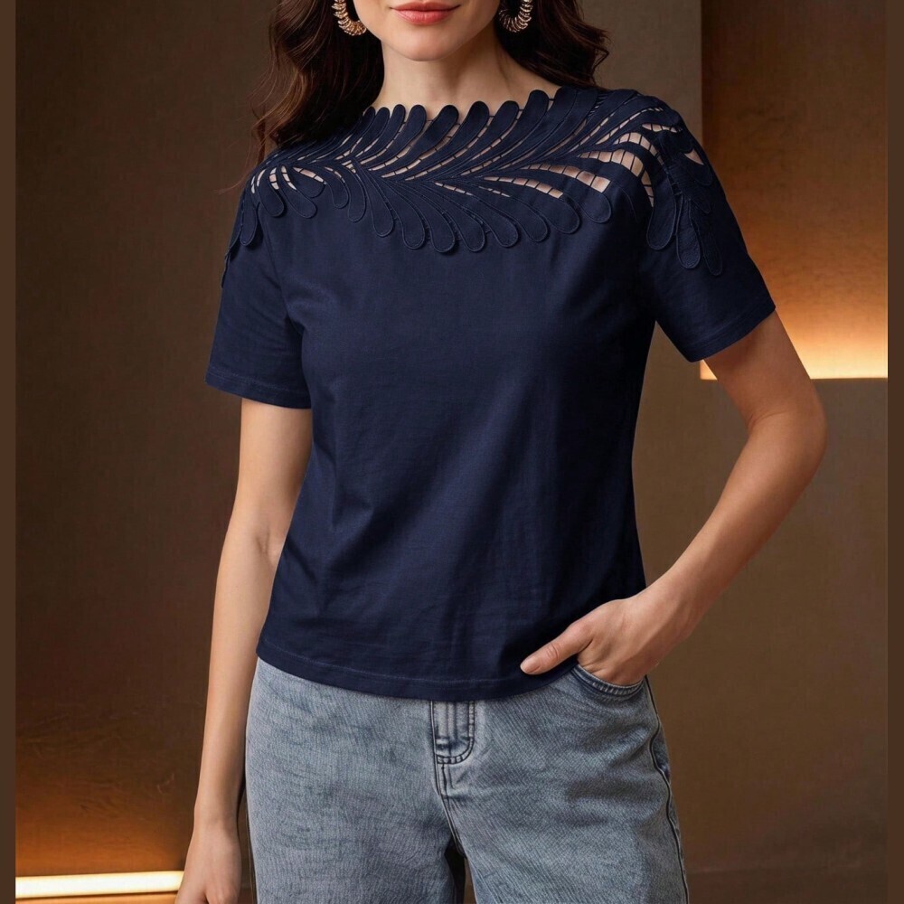 Navy Blue Feather Cutout Round Neck Short Sleeve T-Shirt